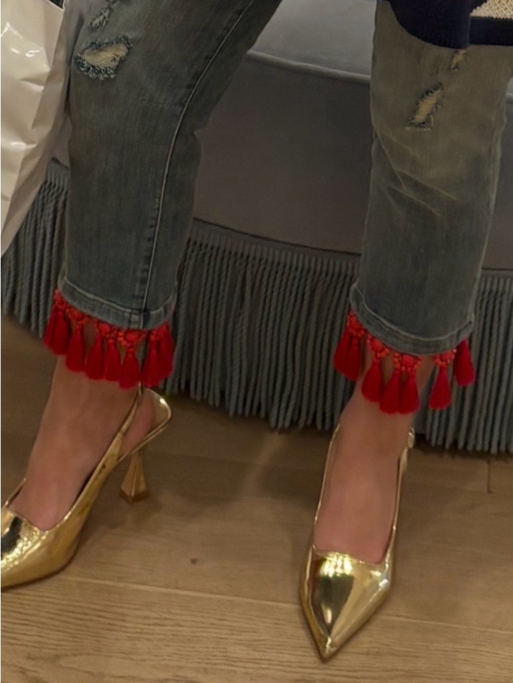 Vintage Anthropology Women’s Distressed Ankle Jeans with Red Tassel Trim